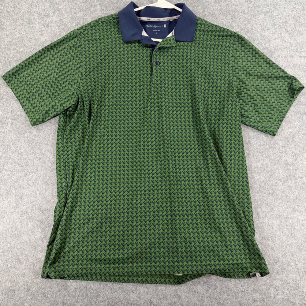 Walter Hagen 11 Mens Golf Polo Shirt Green Navy Blue Pattern Size Large L